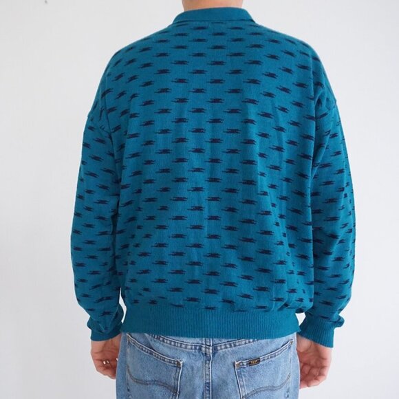 VTG '80S 3130 Teal Black Eclectic Grandpa Boxy Fit Fine Knit Collared Sweater XL - Picture 2 of 9